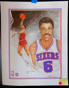 lot 252 image: RARE VINTAGE JULIUS ERVING 16in x 20in SIGNED LITHOGRAPH PRINT by ARTIST BILL CLARK - COMPS $45.00