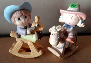 lot 40 image: Vintage GEORGE GOOD Porcelain BUMPKINS BABY GIRL and BOY on ROCKING HORSE 5 12h Figurines