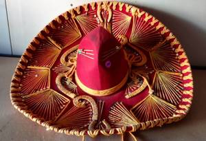 lot 104 image: AUTHENTIC PIGALLE MEXICAN SOMBRERO - RED WITH GOLD TRIM