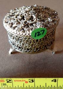 lot 127 image: Vintage Silver Toned Ornate Metal Dish with Lid.