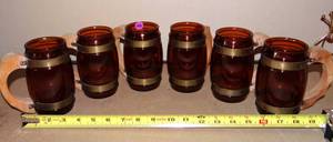 lot 146 image: VINTAGE BROWN GLASS WITH METAL BRASS STRAPS AND WOODEN HANDLE MUGS - SET OF 6