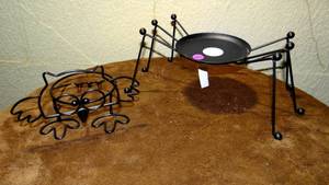 lot 285 image: PAIR OF METAL DECORATIVE CANDLE HOLDERS - OWL AND SPIDER