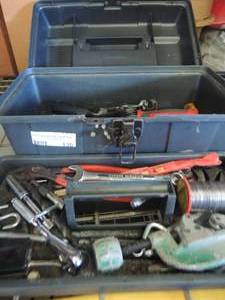 lot 136 image: Plano plastic tool box full of clamps, plyers, screw drivers, wrenches