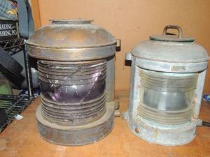 lot 161 image: 2  VINTAGE Perko  Maritime  NAUTICALSHIP LIGHTS  15x13 LILAC GLASS  (has crack) and 13x12 CLEAR  GLASS  perko