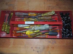 lot 172 image: Red tool box insert with sockets, socket screw driver and flathead screw drivers