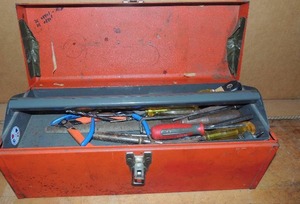 lot 196 image: Red tool box full of tools snips sockets plyers