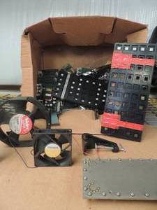 lot 216 image: Box of electronic components cooling fans memory boards