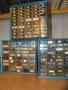 lot 267 image: 5 blue shelves mini components full of electric components screws nuts 15x6