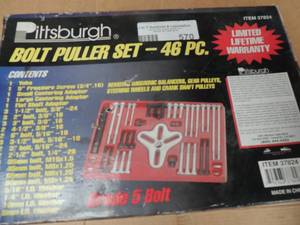 lot 570 image: Pittoburgh Bolt puller set 46 pcs. Item#37824 Removes harmonic balancers gear pullys steering wheels crank shaftsN