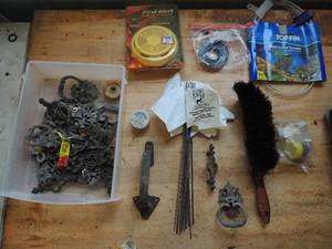 lot 610 image: Box gas flags fish tank pump hose smoke detector and door knockers