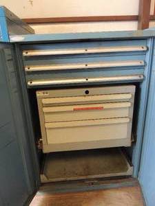 lot 662 image: Blue tool shelf-3 drawers pull out 3 drawers slide out double doors closed hide drawers