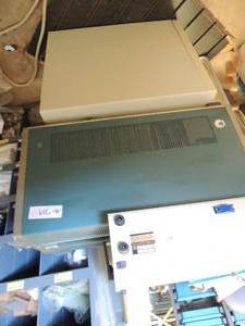 lot 709 image: 7603 Oscilascope has blue screen assorted knobs and power buttons acer computer modum toweer  unknown power boxI