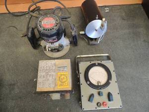 lot 774 image: Multimeter OHMS 27982 DC 30 AC 15.3 preset channel from Air Force    black pump 2 hoses   Sears dbl insulater router