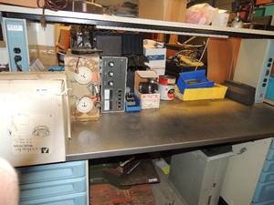 lot 873 image: Workshop desk with electric plugs x 8 Sturdilite brand metal top 10 drawers 58x72x28 contents not included