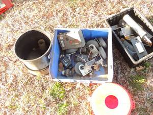 lot 885 image: Misc. lot of shelving wheels caulking electric components
