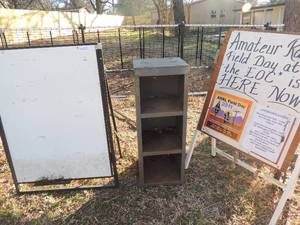 lot 884 image: Metal workshop shelf 35x12x14 and2 manmade signs 40x28