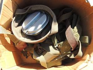 lot 907 image: Plastic water canteens army green x 8, assorted navy straps belts, and 2 metaL mess kits
