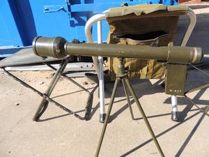 lot 908 image: 2 Army signal lamps with stands #227, Military folded seat,  cot for sleeping ,