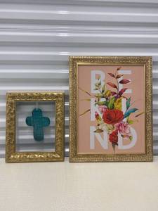 lot 119 image: Gold Framed Hanging Glass Turquoise Cross and Gold Framed �Be Kind�