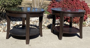 lot 50 image: 2 wooden end tables with glass tops