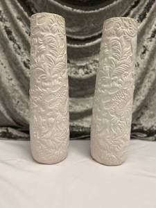 lot 598 image: White Raised pattern Resin Vases (2)