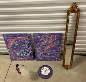 lot 585 image: 2 Local Art Paintings, Clock, Mirror, Table Lamp