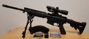 lot 4 image: WINDHAM WEAPONRY AR15 RIFLE MODEL WW15 IN 7.62X39 CAL. WITH MAGAZINE, ADJUSTABLE SPRING RETURN TACTICAL RIFLE MOUNT BIPOD, AIM SPORTS 1.5-5X32 DUAL ILLUMINATED TACTICAL SCOPE, STRAP, AND CASE AS SHOWN. PLEASE READ ITEM DESCRIPTION