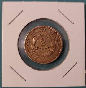 lot 18 image: 1864 U.S. 2 CENT COIN AS SHOWN. NO MINT MARK (PHILADELPHIA).
