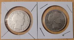 lot 33 image: LOT OF 2 SILVER BARBER HALF DOLLAR COINS AS SHOWN. (1) 1900 AND (1) 1906. (YOUR BID X 2)