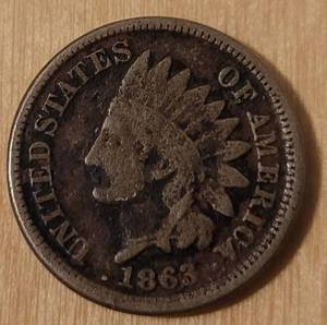 lot 34 image: 1863 INDIAN HEAD ONE CENT COIN AS SHOWN.