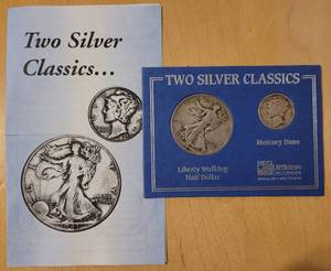 lot 36 image: TWO SILVER CLASSICS 1943 LIBERTY WALKING HALF DOLLAR AND 1942 MERCURY DIME IN PROTECTIVE SLEEVE BY LITTLETON COIN COMPANY AS SHOWN.