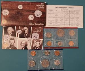 lot 55 image: LOT OF 2 1985 UNCIRCULATED COIN SETS IN ORIGINAL MINT PACKAGES AS SHOWN. (1) DENVER MINT AND (1) PHILADELPHIA MINT. (YOUR BID X 2)