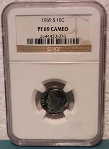 lot 57 image: 1969 S ROOSEVELT DIME NGC PF 69 CAMEO AS SHOWN.