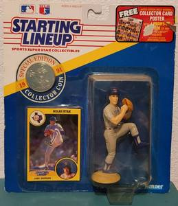 lot 70 image: 1991 STARTING LINEUP NOLAN RYAN FIGURE, CARD, AND SPECIAL EDITION COLLECTOR COIN SET IN ORIGINAL UNOPENED PACKAGE AS SHOWN.