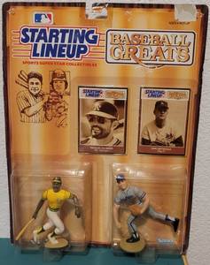 lot 71 image: 1989 STARTING LINEUP BASEBALL GREATS REGGIE JACKSON MR. OCTOBER AND DON DRYSDALE BIG D FIGURE AND CARD SET IN ORIGINAL UNOPENED PACKAGE AS SHOWN.