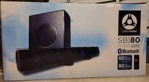 lot 80 image: CURRENT AUDIO SB 80 SLIMLINE POWERED SOUNDBAR WITH WIRELESS 8 SUBWOOFER AND BLUETOOTH CAPABILITY IN NEW, UNOPENED BOX AS SHOWN.