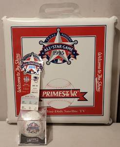lot 90 image: 1995 MLB ALL-STAR GAME THE BALL PARK IN ARLINGTON TICKET, COMMEMORATIVE BASEBALL IN CASE, AND SEAT CUSHION AS SHOWN.