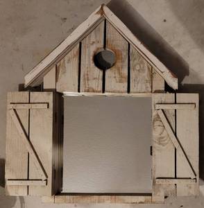 lot 123 image: RUSTIC WOOD STYLE WALL DECOR WITH MIRROR IN STYLE, COLOR, AND CONDITION SHOWN. APPROX. 23 W x 4 D x 31 H.