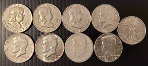 lot 94 image: LOT OF 9 SILVER HALF DOLLAR COINS AS SHOWN. (YOUR BID X 9)