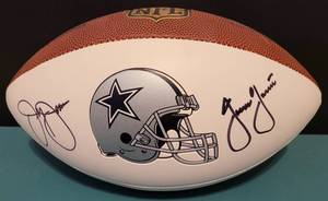 lot 103 image: WILSON COMMEMORATIVE DALLAS COWBOYS FOOTBALL SIGNED BY FORMER COACH JIMMY JOHNSON AND BY OWNER JERRY JONES AS SHOWN.