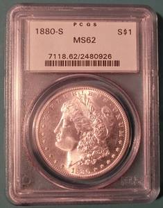 lot 120 image: 1880-S PCGS MS62 MORGAN SILVER DOLLAR ENCAPSULATED COIN AS SHOWN.