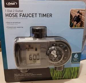 lot 140 image: ORBIT 1 DIAL 2 OUTLET HOSE FAUCET TIMER MODEL 56544 IN UNOPENED PACKAGE AS SHOWN.