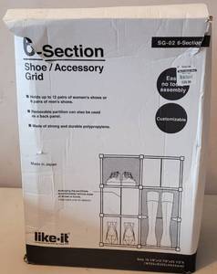 lot 187 image: THE CONTAINER STORE 6-SECTION SHOE  ACCESSORY GRID IN BOX AS SHOWN.