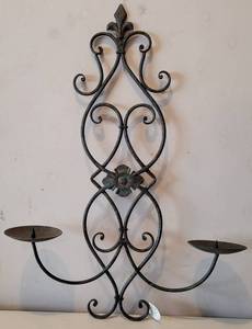 lot 189 image: WROUGHT IRON STYLE WALL SCONCECANDLE HOLDER WITH TAG IN STYLE, COLOR, AND CONDITION SHOWN. APPROX. 18 W x 24.5 H.