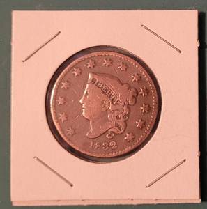 lot 164 image: 1832 CORONET LIBERTY LARGE CENT COIN AS SHOWN.