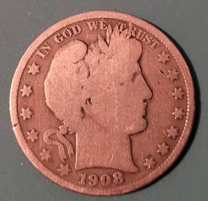 lot 165 image: 1908 SILVER BARBER HALF DOLLAR COIN AS SHOWN.