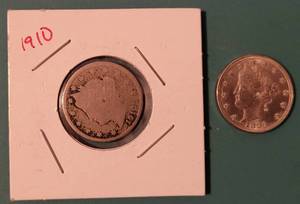 lot 166 image: LOT OF 2 LIBERTY HEAD V NICKLES INCLUDING 1883 NO CENTS ON REVERSE COIN AND A 1910 COIN AS SHOWN. (YOUR BID X 2)