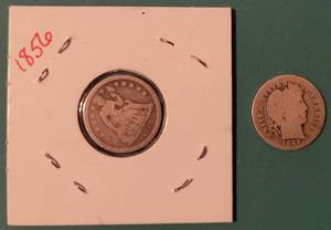 lot 168 image: 1856 SILVER LIBERTY SEATED DIME AND 1892 SILVER BARBER DIME COINS AS SHOWN. (YOUR BID X 2)