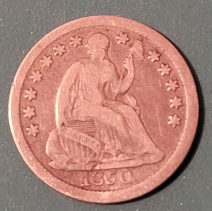 lot 170 image: 1850 SEATED LIBERTY SILVER HALF DIME COIN AS SHOWN.