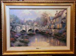 lot 100 image: AUTHENTIC FRAMED THOMAS KINKADE COBBLESTONE BROOKE COBBLESTONE LANE II ARTIST PROOF ON CANVAS 174495 WITH CERTIFICATE OF LIMITATION AND AUTHENTICITY IN EXCELLENT CONDITION AS SHOWN. SEARCH IT UP
